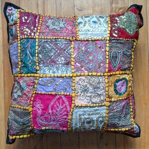 Embroidered and sequined colourful throw pillow
